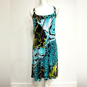 EUC Evovorro Dress Fun Bold Print of Blues and Green size L